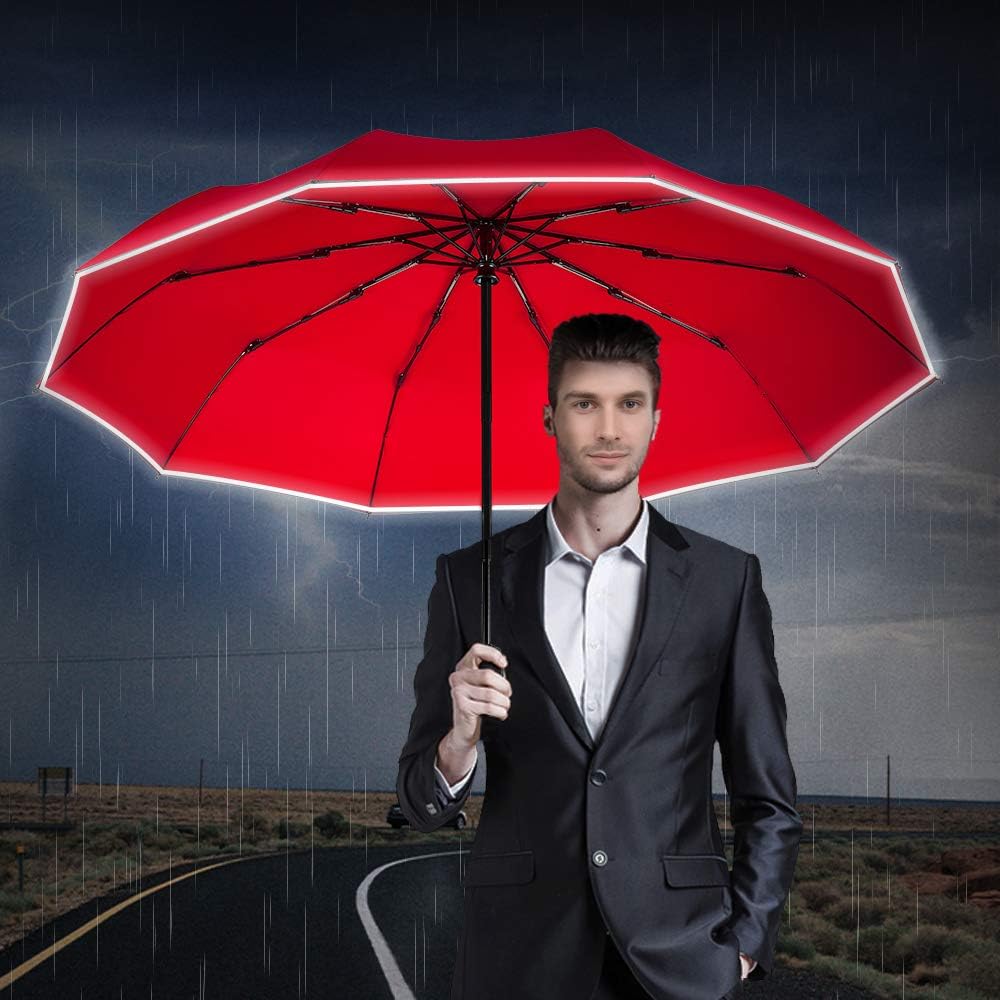 FDJASGY Windproof Travel Umbrella with Teflon Coating Auto Open Close Lightweight Sun&Rain Umbrella with 10 Rib Construction and Reflective Stripe Zipper Pouch