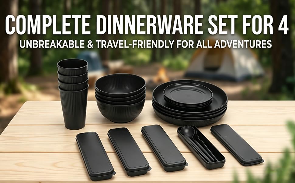 4 Person Dinnerware Set with Cutlery Reusable Plates Bowls for Camping Travel Picnic Dishwasher Microwave Safe Outdoor Tableware Service 4