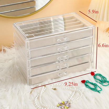 5 Drawers Necklace Organizer Storage, Tray with Clear Lid, Dustproof Velvet Necklaces Holder Storage Display Case, Necklace Tray Drawer Insert for Pendant Suitable for Women and Girls (25 grids)