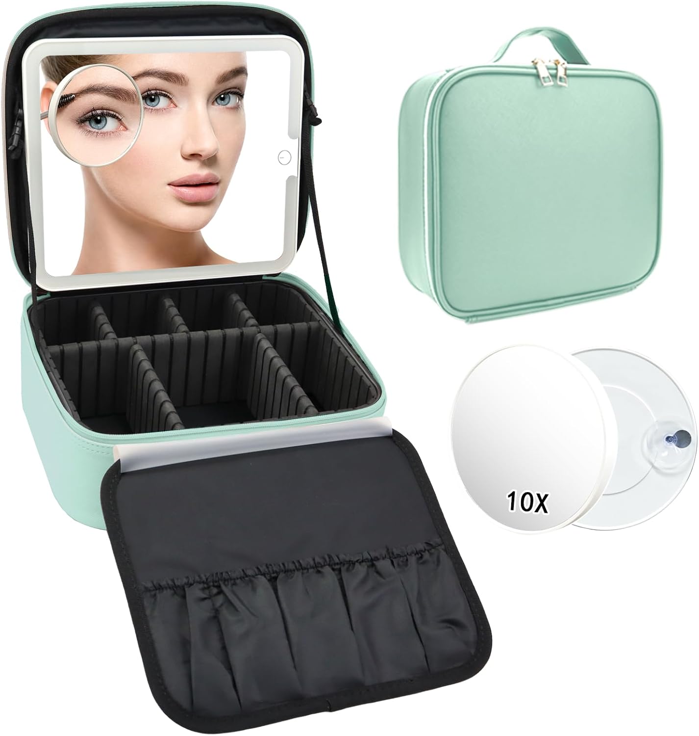 Travel Makeup Bag with LED Mirror and 10x magnifying glass with 3 Lighted Settings, Adjustable Dividers and Makeup Brush Storage Bag Light Green