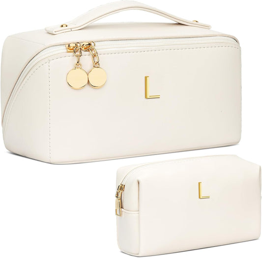 Birthday Gifts for Women Teen Girl, Personalized Initial Makeup Organizer Bag Set, Open Flat Travel Cosmetic Bag With Clear Divider and Handle(Beige,L)