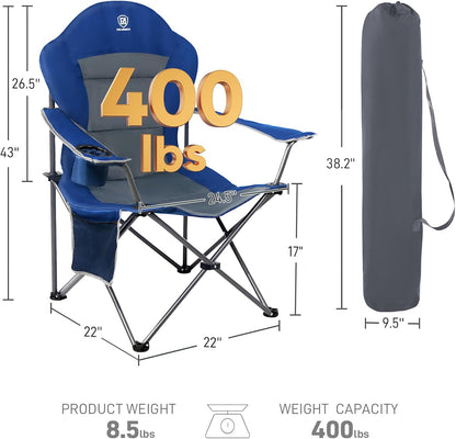 EVER ADVANCED High Back Folding Camping Chair Oversized and Fully Padded, Portable Quad Camp Lawn Chair Up to 400 lbs, with Cup Holder Armrest Carrying Bag