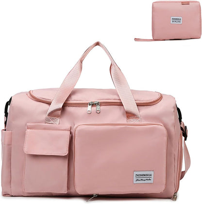 Multipurpose 20L Foldable Duffel Bag Gym Yoga Bag Carry-On Shopping Sack Travel Organizer Cabin Bag Sundry Package Wet&Dry Compartment (Pink)