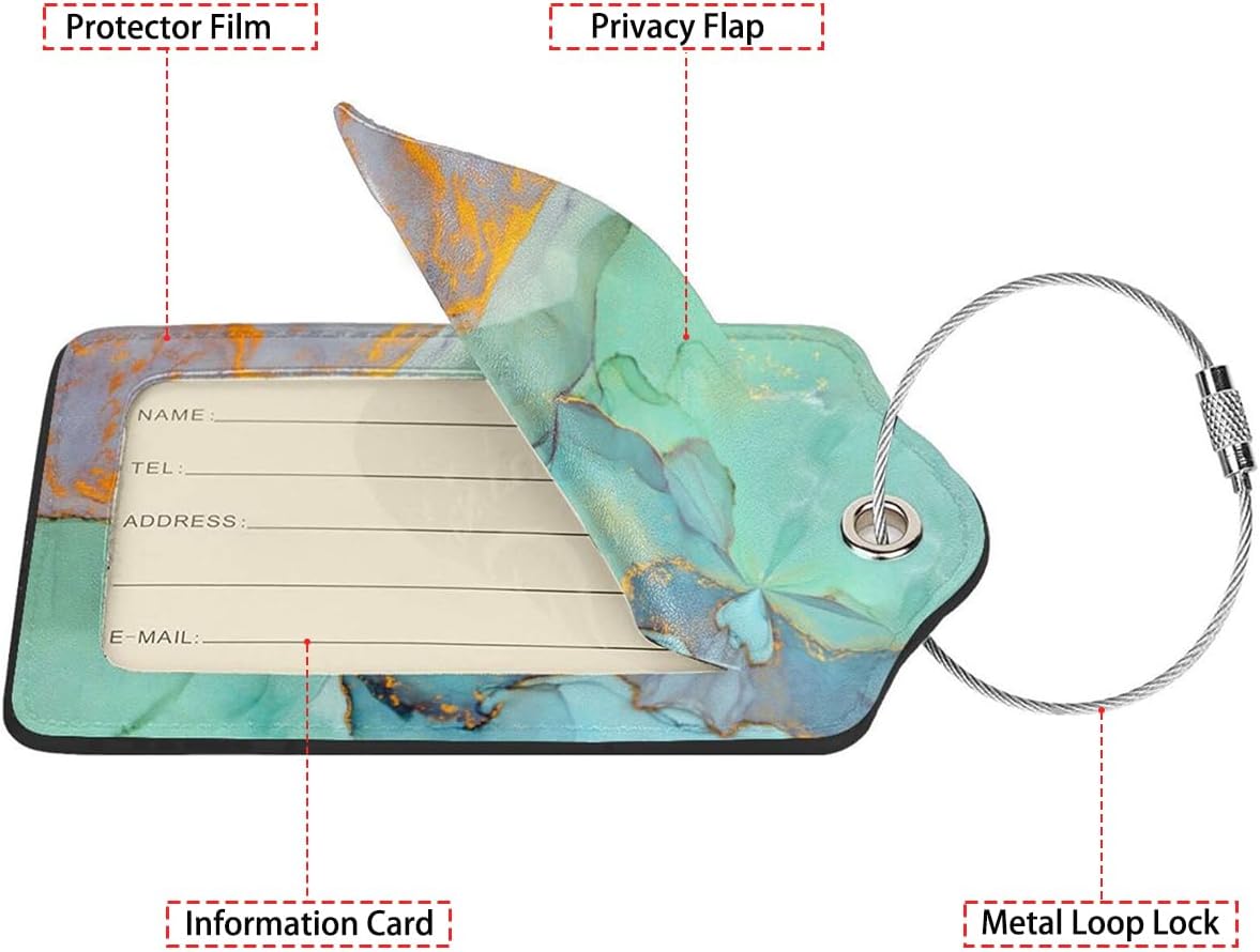 Green Gold Marble 2-Pcs Premium Leather Tags with Privacy Covers,Luggage Tag Stainless Steel Loops Ideal for Suitcases, Travel Bags, Backpacks