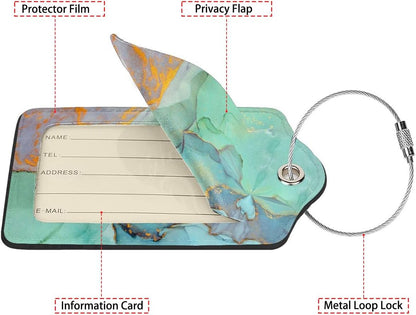 Green Gold Marble 2-Pcs Premium Leather Tags with Privacy Covers,Luggage Tag Stainless Steel Loops Ideal for Suitcases, Travel Bags, Backpacks