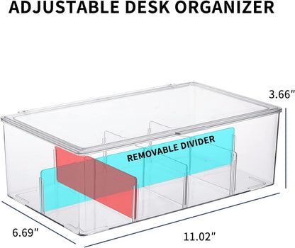 Yesesion Clear Plastic Cord Organizer Box with Adjustment Compartments, Large Cable Management Case with Lid and 10 Wire Ties for Desk Drawer, Home Office, Art Supply, Electronic Accessories (1 PACK)
