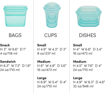 Zip Top Reusable Food Storage Bags | Full Set of 8 [Teal] | Silicone Meal Prep Container | Microwave, Dishwasher and Freezer Safe | Made in the USA