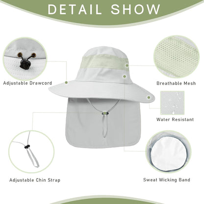 Fishing Hat Breathable Wide Brim Sun Hats with Neck Flap Bucket Hat Outdoor Safari Hat for Men Women UPF 50+ Sun Protection