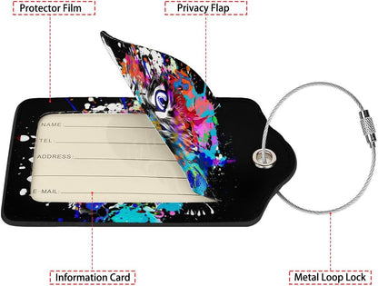 Colorful Cat Head 2 Pack Luggage Tag for Suitcase, Leather Bag Tags Identifiers Privacy Cover ID Label with Steel Loop for Women Men Kids Girls Travel