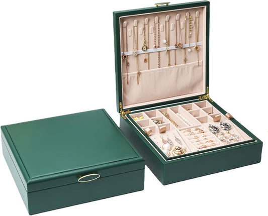 2-layer jewelry box，Jewelry Organizer with Handle，with hanging necklace hooks, detachable jewelry trays, suitable for storing a large amount of jewelry gift box (Large-Green)