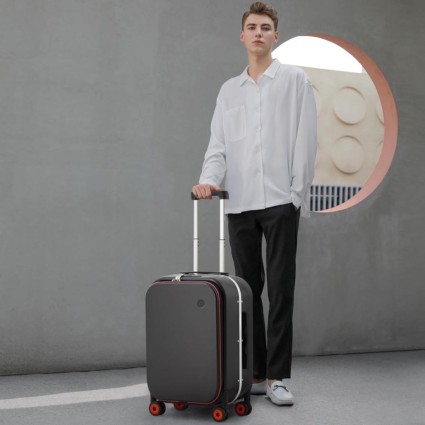 mixi Carry On Luggage, 20'' Suitcase with Front Laptop Pocket, Travel Rolling Luggage Aluminum Frame PC Hardside with Spinner Wheels & TSA Lock and Cover - Black Hollow Wheel