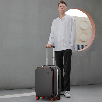 mixi Carry On Luggage, 20'' Suitcase with Front Laptop Pocket, Travel Rolling Luggage Aluminum Frame PC Hardside with Spinner Wheels & TSA Lock and Cover - Black Hollow Wheel