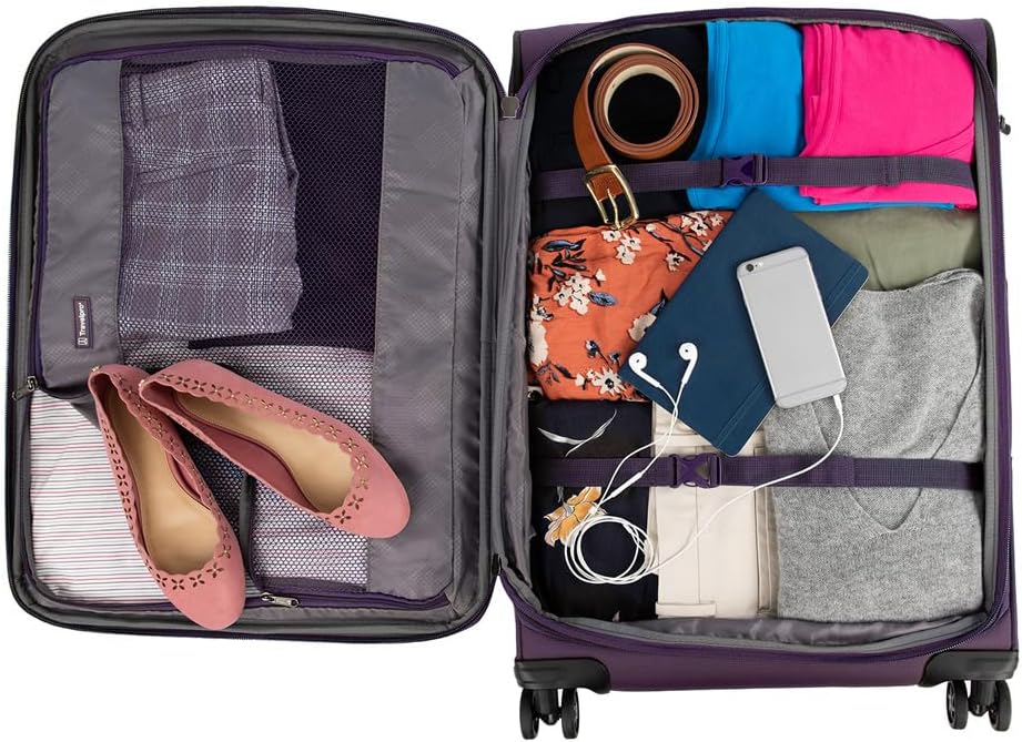 Travelpro Tourlite Softside 25" Expandable Luggage with 4 Spinner Wheels, Lightweight Suitcase, Checked Medium, Deep Purple