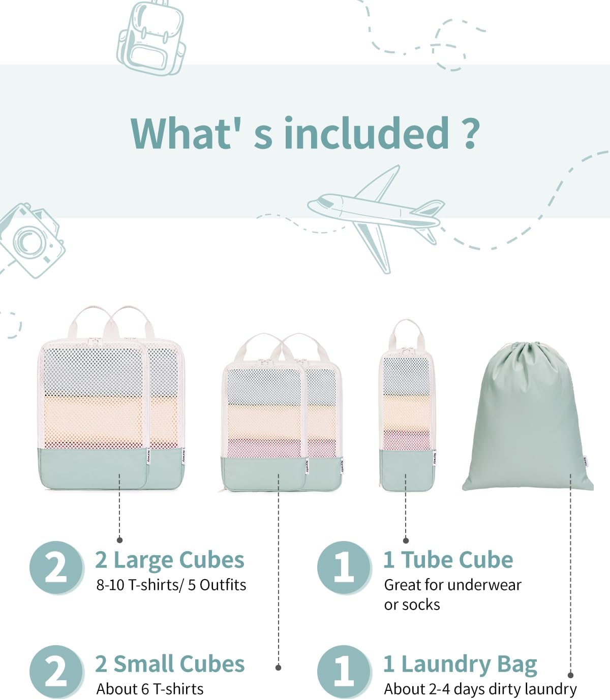 Narwey 6 Set Compression Packing Cubes for Travel Kids Women Carry on, Packing Organizers Bag for Backpack Luggage Suitcase Duffle Bags