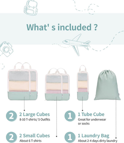 Narwey 6 Set Compression Packing Cubes for Travel Kids Women Carry on, Packing Organizers Bag for Backpack Luggage Suitcase Duffle Bags