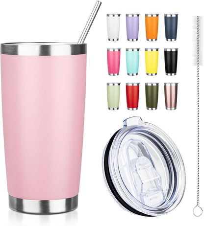20oz Tumbler with Straw and Brush, Stainless Steel Vacuum Insulated tumbler, Double Wall Insulated Coffee Tumbler for Outdoor, Home, Travel,Office (Light Pink,1pcs)