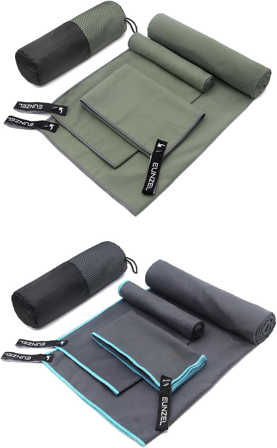 Eunzel 2 Pack Quick Dry Camping Towel, Microfiber Travel Towel 3 Size at 1 Pack,Fast Drying Towel Set for Camping, Beach, Gym, Sports, Yoga & Swimming Pool, Army Green/Grey