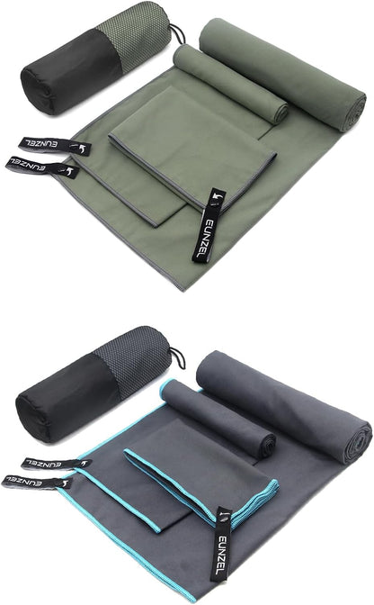 Eunzel 2 Pack Quick Dry Camping Towel, Microfiber Travel Towel 3 Size at 1 Pack,Fast Drying Towel Set for Camping, Beach, Gym, Sports, Yoga & Swimming Pool, Army Green/Grey