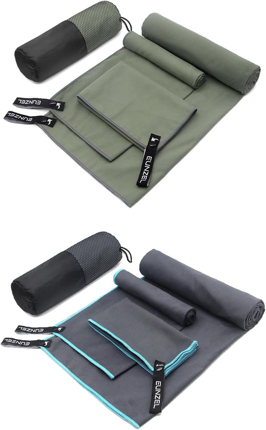 Eunzel 2 Pack Quick Dry Camping Towel, Microfiber Travel Towel 3 Size at 1 Pack,Fast Drying Towel Set for Camping, Beach, Gym, Sports, Yoga & Swimming Pool, Army Green/Grey