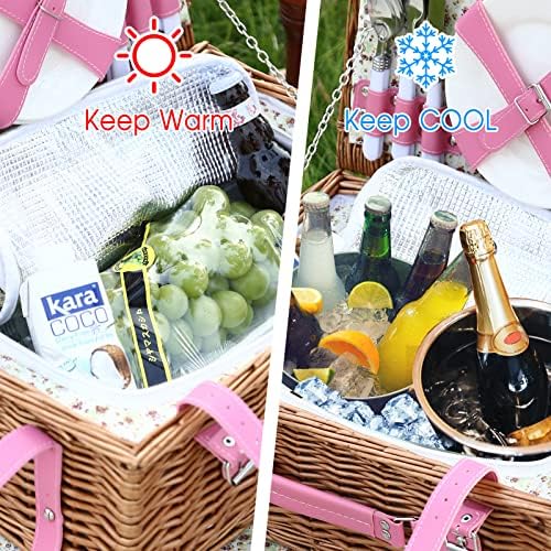 Wicker Picnic Basket for 4 with Waterproof Picnic Blanket Pink