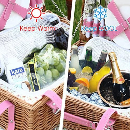 Wicker Picnic Basket for 4 with Waterproof Picnic Blanket Pink