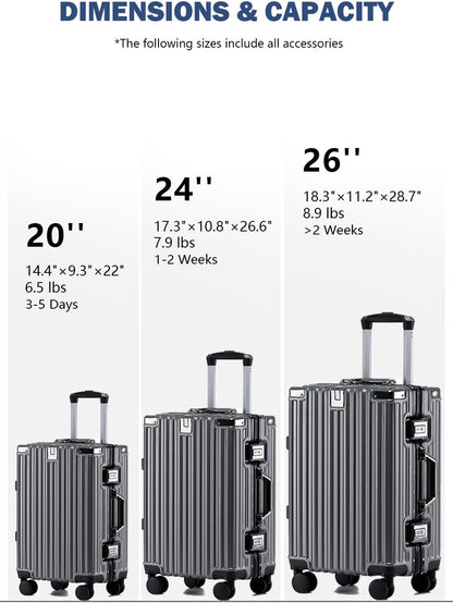 HotWay 20 Inch Aluminum Frame Carry On Luggage with Spinner Wheels, PC Hard Shell Suitcase with Cup Holder, Zipperless Luggage for Business Travel, Gray