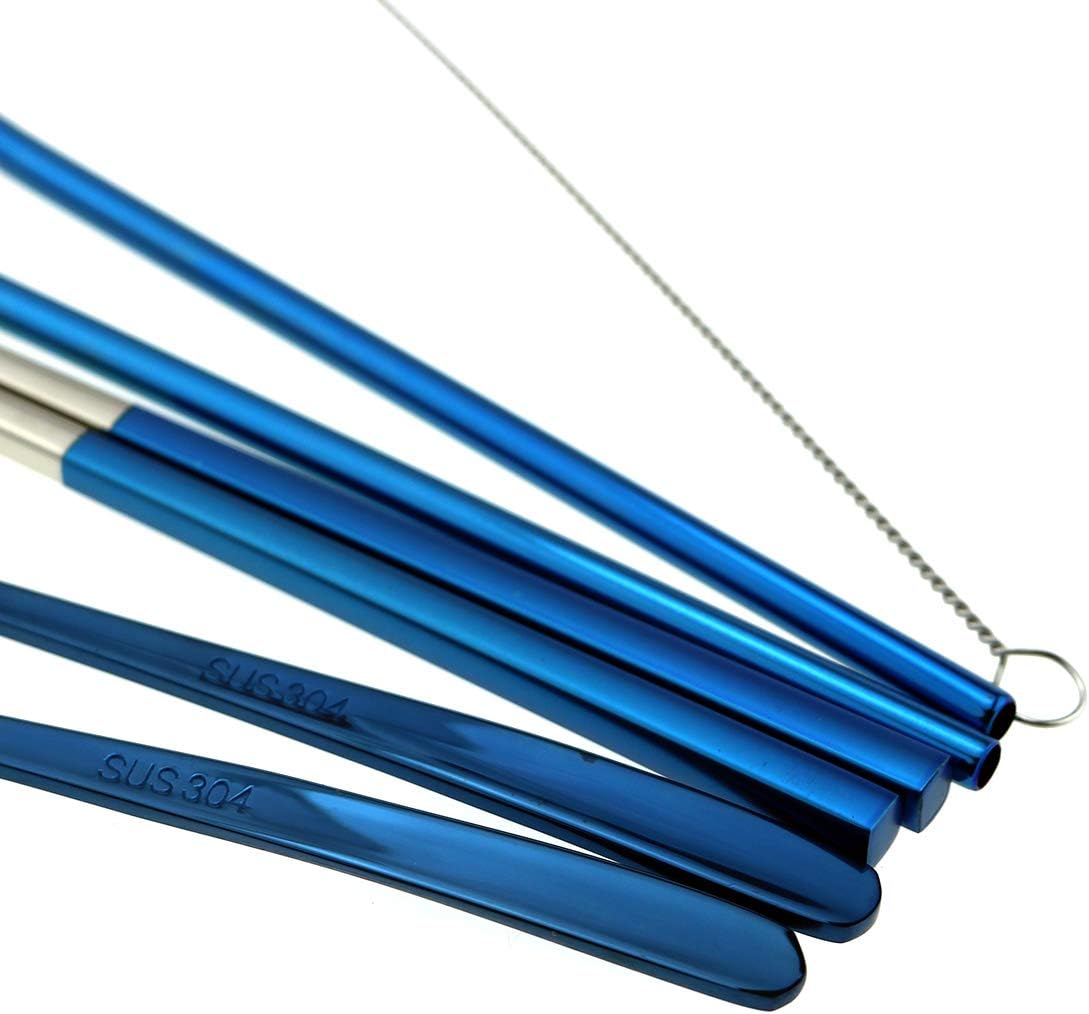 7 Pcs Portable Flatware Set, 304 Stainless Steel Cutlery Set Travel Utensils Set w/Pouch Fork Spoon Chopsticks Straws for Travel Camping Office School, Dishwasher Safe & Eco-Friendly (Blue)