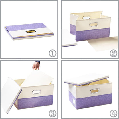 PRANDOM Large Foldable Storage Bins with Lids [3-Pack] linen Fabric Decorative Storage Boxes Organizer Containers Baskets Cube with Handles Divider for Bedroom Closet Purple&Cream(17.7x11.8x11.8)