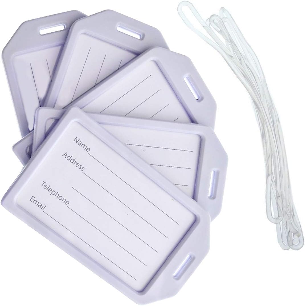 5 Pack - Premium Rigid Airline Luggage Tag Holders with 6" Worm Loops - Heavy Duty Hard Plastic -Suitcase ID Tag Identifiers with Business Card Insert Window by Specialist ID (White)