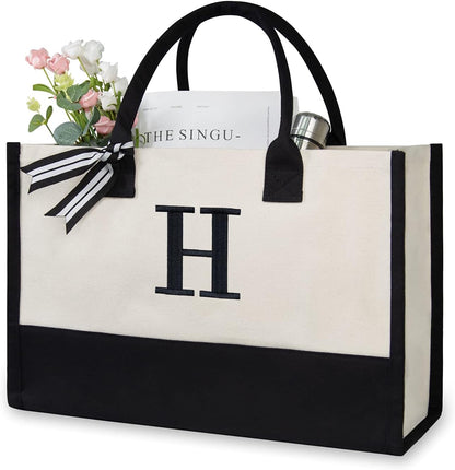 TOPDesign Embroidery Initial Canvas Tote Bag, Personalized Present Bag, Suitable for Wedding, Birthday, Beach, Holiday, is a Great Gift for Women, Mom, Teachers, Friends, Bridesmaids (Letter H)