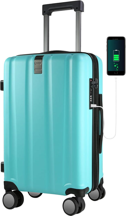 KROSER Hardside Expandable Carry On Luggage with Spinner Wheels & Built-in TSA Lock, Durable Suitcase Rolling Luggage with USB Port, Carry-On 20-Inch, Lake Blue