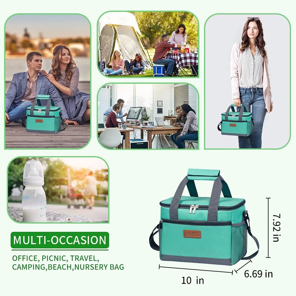 iknoe Large Foldable Cooler Bag, 8.5L Insulated Lunch Bag, Leakproof Lunch Cooler Tote with Multi-Bag Design Suitable for Beach, Picnic and Office Use,Mint Green 15-Can