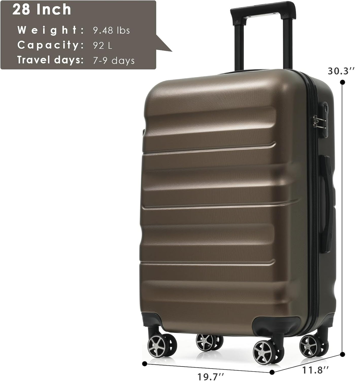 Merax 28 Inch Luggage Hardshell ABS Suitcase with 8 Silent Spinner Wheels Lightweight Durable Travel Checked Luggage for Long Trips Brown