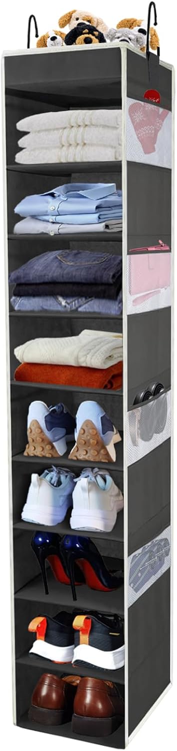 Large-Sized Hanging Shoe Organizer 10-Shelf, Sturdy Hanging Closet Organizer with 8 Side Pockets, Wider Hanging Shelves for Storage Shoes Clothes Jeans Shirts Toys, Black