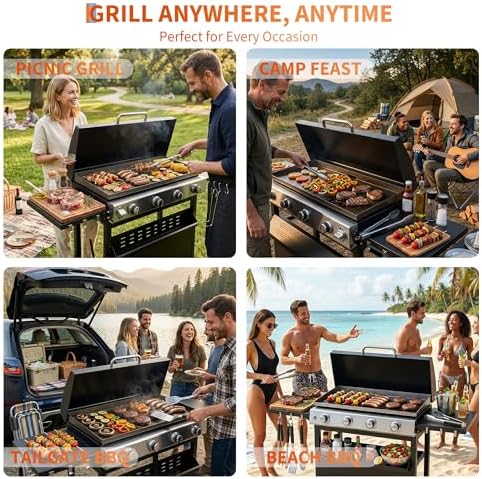 4-Burner Propane Gas Griddle – 32,000 BTU Convertible Flat Top Grill with Hood & Removable Cart – Portable for Camping, Tailgating, Backyard