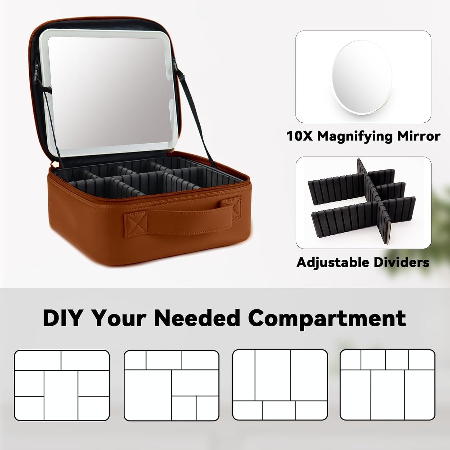 Travel Makeup Bag with LED Mirror and 10x magnifying glass with 3 Lighted Settings, Adjustable Dividers and Makeup Brush Storage Bag Caramel