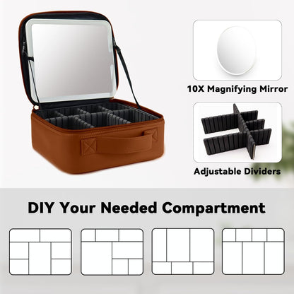 Travel Makeup Bag with LED Mirror and 10x magnifying glass with 3 Lighted Settings, Adjustable Dividers and Makeup Brush Storage Bag Caramel