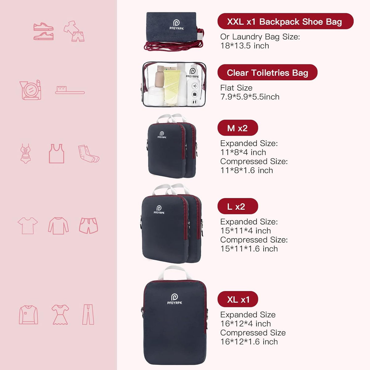 Lightweight Compression Packing Cubes for Suitcases, Compressible Expandable Travel Packing Organizer with Clear Toiletries and Backpack Bag, Travel Essentials for Carry on Luggage 7 Set
