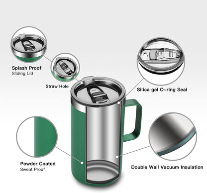 KXIAOCHEN 20oz Insulated Coffee Mug with Lid, Stainless Steel Coffee Cup, Double Wall Vacuum Coffee Tumbler with Handle, Premium Thermal Travel Coffee Mug (Emerald)