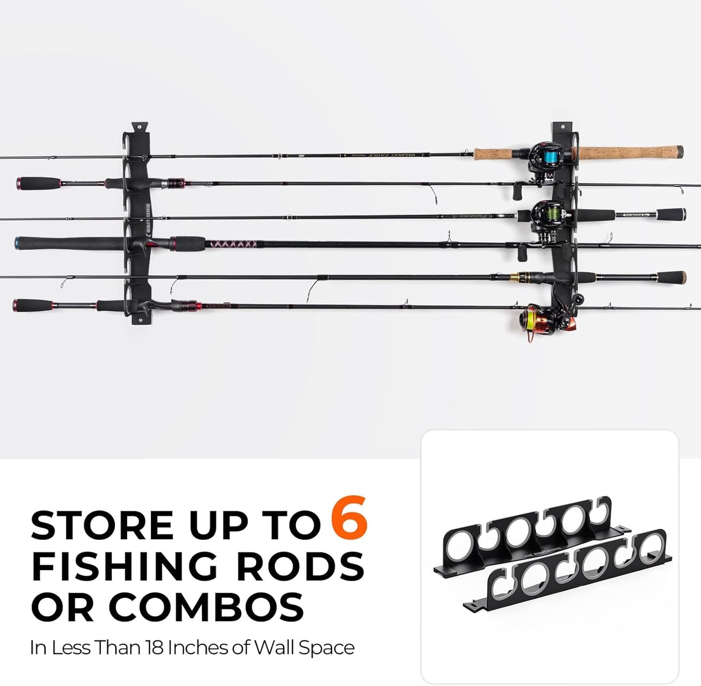 KastKing SafeGuard Fishing Rod Holder for Garage, Wall or Ceiling Mounted Fishing Rod Rack Storage Organizer, Fishing Pole Holder Holds 6 Rods or Combos in Less Than 18 Inches