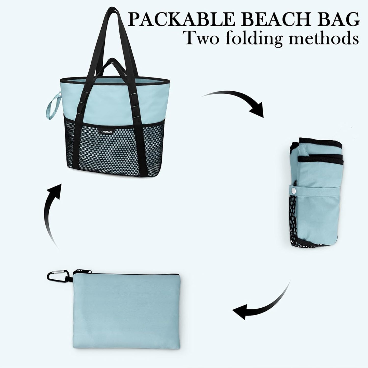 Beach Bag with Zipper - 8 Pockets Sandproof Beach Tote Bag for Women,Foldable Lightweight Family Swim Bag Vacation