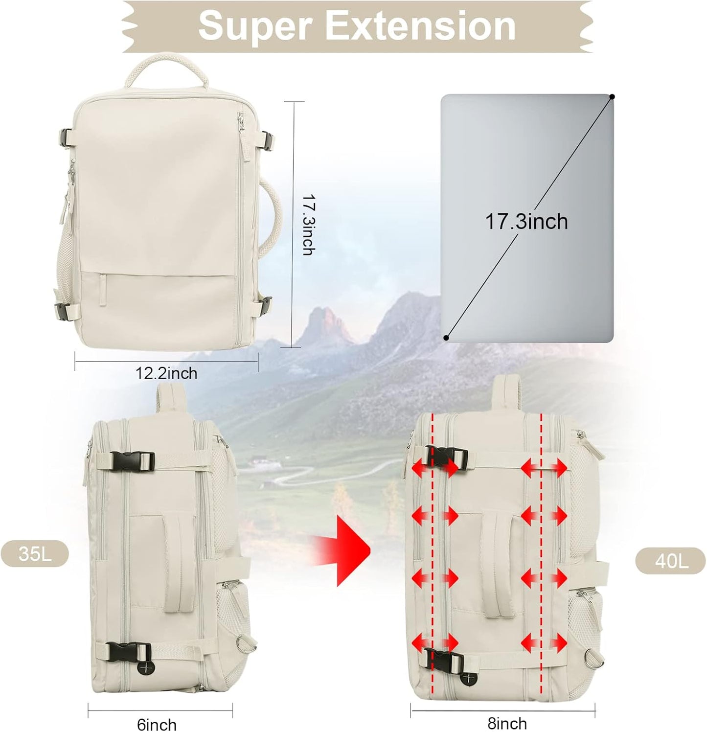 Hanples Large Travel Backpack for Women, 40L Carry on Luggage Backpack, College Laptop Backpack Airline Approved Business Work Bag Fits 17 Inch Computer for Men with 2 Toiletry Bags (Beige)