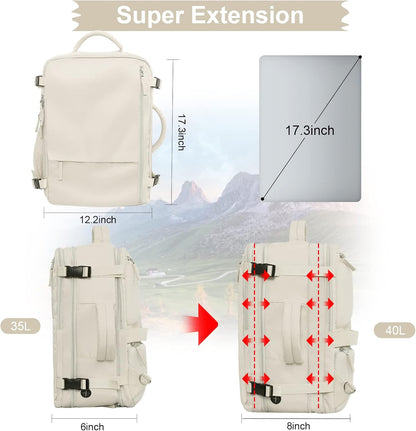 Hanples Large Travel Backpack for Women, 40L Carry on Luggage Backpack, College Laptop Backpack Airline Approved Business Work Bag Fits 17 Inch Computer for Men with 2 Toiletry Bags (Beige)