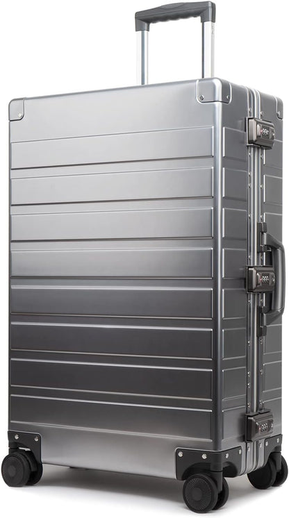 TRAVELKING All Aluminum Luggage with TSA Locks Metal Hard Shell Zipperless Spinner Alloy Metal Suitcase (Cool Metallic, 24 Inch)