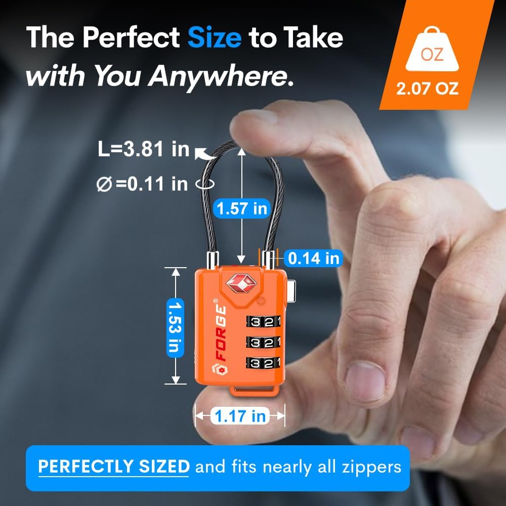 TSA Approved Cable Luggage Locks, Re-settable Combination with Alloy Body, Orange 4 Locks.
