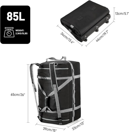 Foldable Rolling Duffle Bag with Wheels, 85L Extra Large Wheeled Travel Duffel, Waterproof Collapsible Weekender Luggage with Rollers for Storage Camping Sports Outdoor, Gray