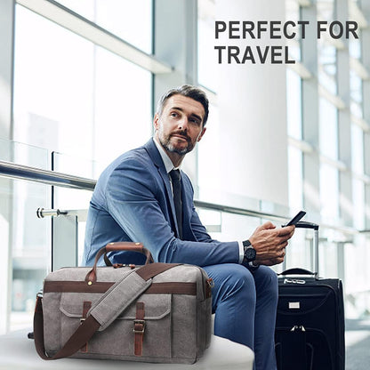 Duffle Bag for Men Waterproof Genuine Leather Canvas Travel Duffel Bags for Women Overnight Weekender Bag for Traveling