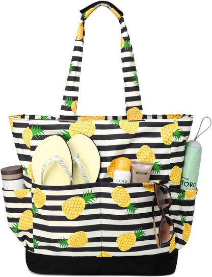 VASCHY Beach Bag for Women, Large Waterproof Sandproof Fold-able Packable Pool Tote Bag w Zipper/Pockets