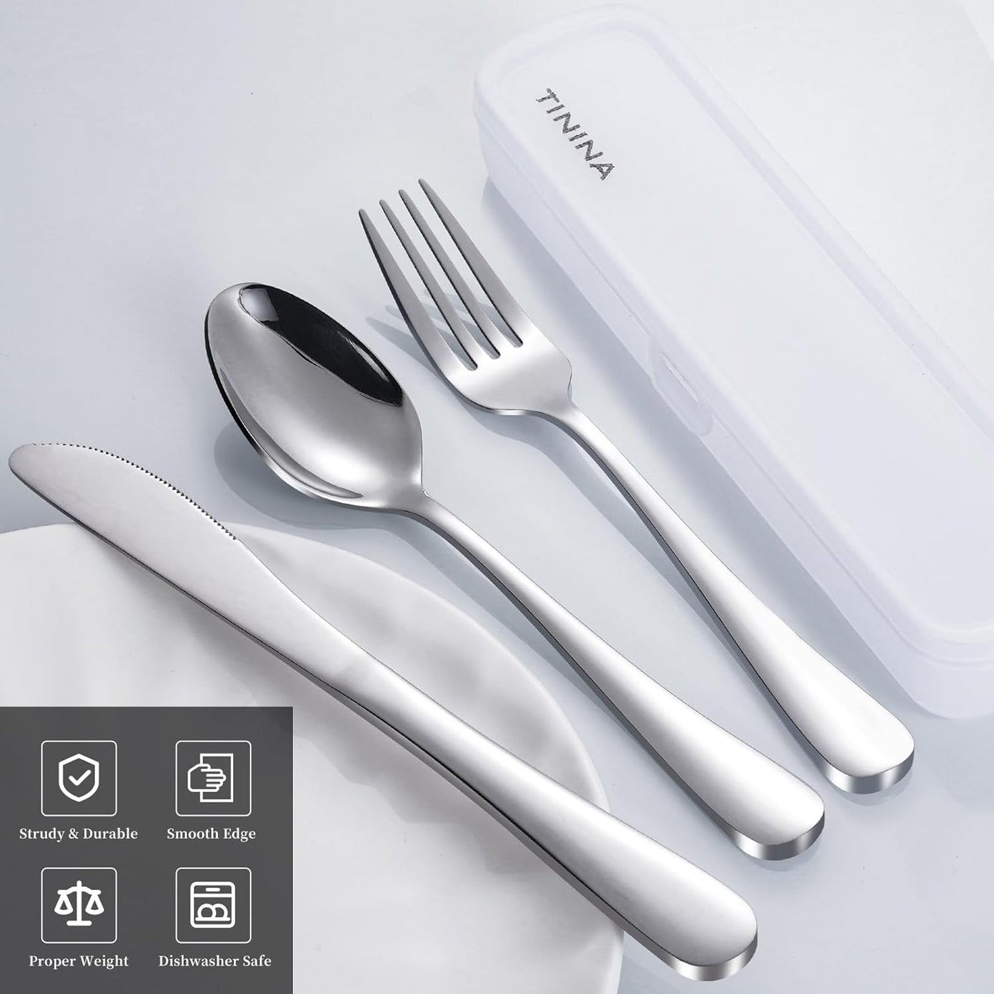 Travel Utensils with Case, 4-Piece Stainless Steel Portable Cutlery Set, Reinforced Case with Buckle Design, Lunch Box for Camping Work School, Include Fork Spoon Knife, Dishwasher Safe, Silver