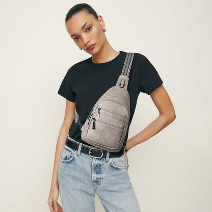 Sling Bag for Women Crossbody Bags Fanny Packs Sling Purse Backpack Shoulder Bag Vegan Leather Chic Travel Light Grey